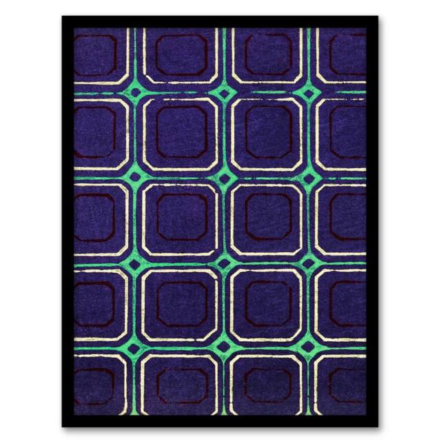 Artery8 Furuya Korin Framed Wall Art Geometric Blue Green Square Pattern in Purple - Size: A4 - image 1