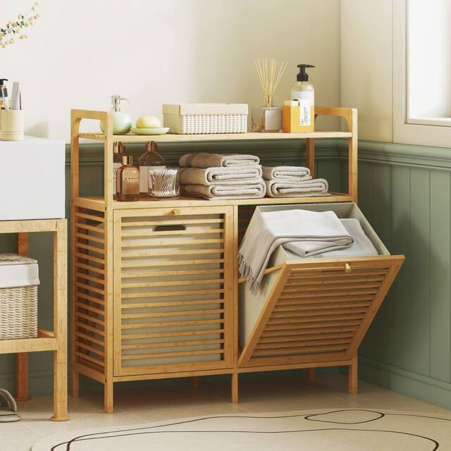 HOMCOM Double Tilt Out Laundry Cabinet Bamboo Laundry Hamper Cabinet in Natural - image 1
