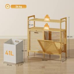 HOMCOM Double Tilt Out Laundry Cabinet Bamboo Laundry Hamper Cabinet in Natural - thumbnail 3