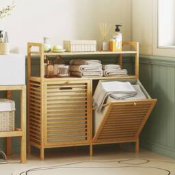 HOMCOM Double Tilt Out Laundry Cabinet Bamboo Laundry Hamper Cabinet in Natural