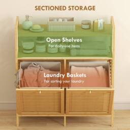 HOMCOM Double Tilt Out Laundry Cabinet Bamboo Laundry Hamper Cabinet in Natural - thumbnail 4