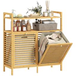 HOMCOM Double Tilt Out Laundry Cabinet Bamboo Laundry Hamper Cabinet in Natural - thumbnail 2
