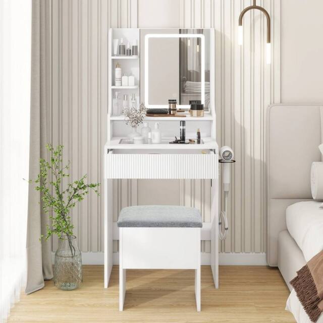 EONLION White Modern Vanity Dressing Table with Light Mirror Cushioned Storage - image 1