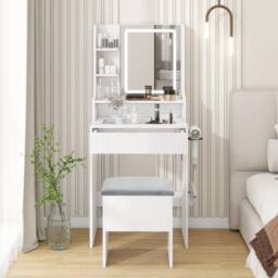 EONLION White Modern Vanity Dressing Table with Light Mirror Cushioned Storage