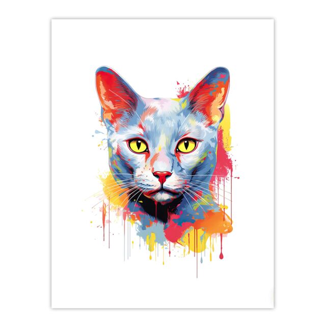 "Artery8 Wall Art Print Russian Blue Cat Lover Gift Pet Portrait Orange Blue Yellow Artwork Painting Poster - Size: W18"" x H24""" - image 1