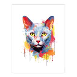 "Artery8 Wall Art Print Russian Blue Cat Lover Gift Pet Portrait Orange Blue Yellow Artwork Painting Poster - Size: W18"" x H24""" - thumbnail 1