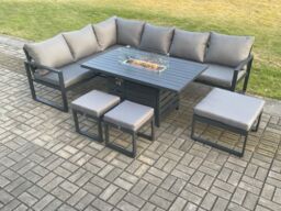 Fimous Aluminium 8 Pieces Garden Furniture Corner Sofa Set with Cushions Gas Fire Pit Dining Table Set with 3 Footstools Dark Grey - thumbnail 1