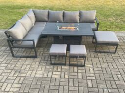 Fimous Aluminium 8 Pieces Garden Furniture Corner Sofa Set with Cushions Gas Fire Pit Dining Table Set with 3 Footstools Dark Grey - thumbnail 2