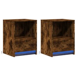Berkfield Home Bedside Cabinets with LED Lights 2 pcs Smoked Oak Engineered Wood in Brown - thumbnail 3