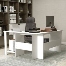 Gymax 130cm Large L-shaped Desk Home Office Writing Desk With 2 Cable Holes in White - thumbnail 4