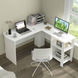 Gymax 130cm Large L-shaped Desk Home Office Writing Desk With 2 Cable Holes in White - thumbnail 3