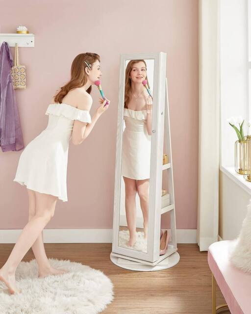 SONGMICS Freestanding Jewellery Cabinet with Mirror & Shelf in White - image 1