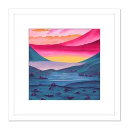 Artery8 Lakeside Landscape w/ Pink Crystals Peaceful Multicolour Sunrise Watercolour Illustration Square Wooden Framed Wall Art Print Picture 8X8 - thumbnail 1