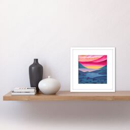 Artery8 Lakeside Landscape w/ Pink Crystals Peaceful Multicolour Sunrise Watercolour Illustration Square Wooden Framed Wall Art Print Picture 8X8 - thumbnail 2