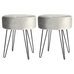 Harbour Housewares Round Velvet Footstools - H40 x D35cm - Black Hairpin Legs - Pack of 2 in Grey