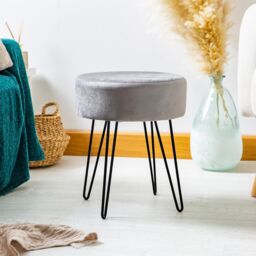 Harbour Housewares Round Velvet Footstools - H40 x D35cm - Black Hairpin Legs - Pack of 2 in Grey - thumbnail 2