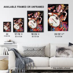 "Artery8 Woman Floral Banjo Player Colourful Portrait Framed Art Print - Size: W12"" x H16""" - thumbnail 3