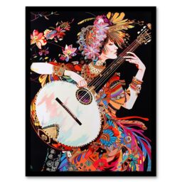 "Artery8 Woman Floral Banjo Player Colourful Portrait Framed Art Print - Size: W12"" x H16""" - thumbnail 1