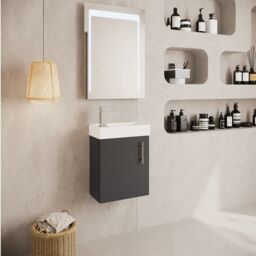 Balterley Saint Contemporary Bathroom Wall Hung 1 Soft-Close Door Vanity Unit & Rectangular Basin, Gloss Grey, 405 mm in Grey - thumbnail 4