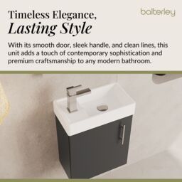 Balterley Saint Contemporary Bathroom Wall Hung 1 Soft-Close Door Vanity Unit & Rectangular Basin, Gloss Grey, 405 mm in Grey - thumbnail 3
