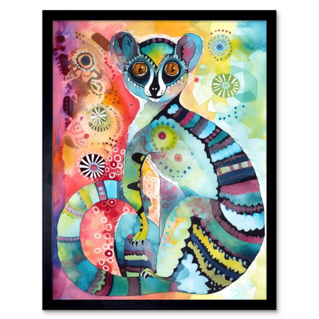 "Artery8 Wall Art Print Striped Ring-Tailed Lemur Multicoloured Folk Art Watercolour Painting Art Framed in Black - Size: W12"" x H16""" - image 1
