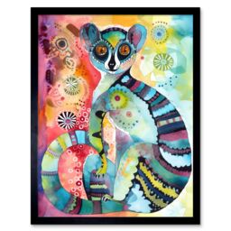 "Artery8 Wall Art Print Striped Ring-Tailed Lemur Multicoloured Folk Art Watercolour Painting Art Framed in Black - Size: W12"" x H16""" - thumbnail 1