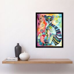 "Artery8 Wall Art Print Striped Ring-Tailed Lemur Multicoloured Folk Art Watercolour Painting Art Framed in Black - Size: W12"" x H16""" - thumbnail 2
