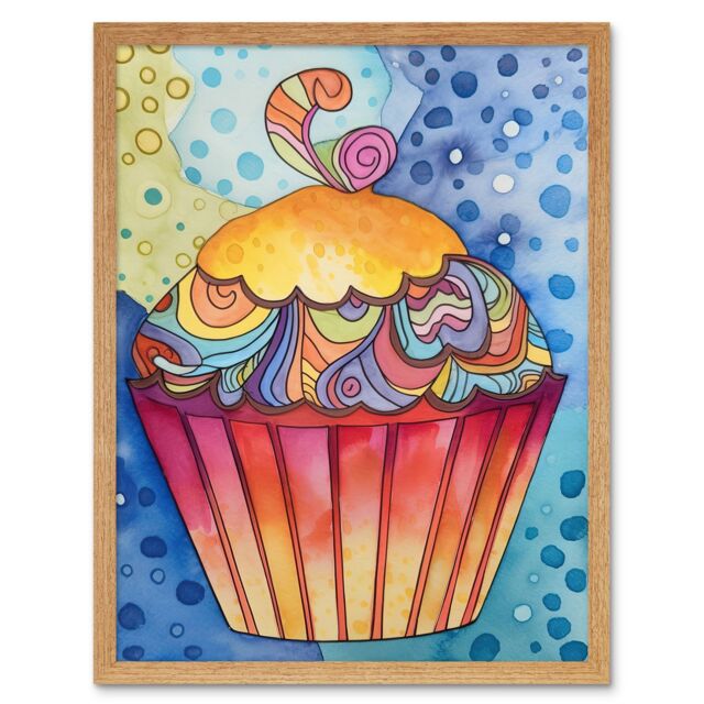 "Artery8 Wall Art Print Cupcake With Colourful Frosting Folk Art Watercolour Painting Art Framed in Light Oak - Size: W12"" x H16""" - image 1