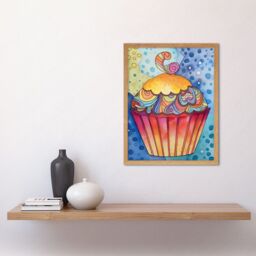 "Artery8 Wall Art Print Cupcake With Colourful Frosting Folk Art Watercolour Painting Art Framed in Light Oak - Size: W12"" x H16""" - thumbnail 2