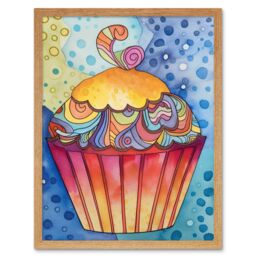 "Artery8 Wall Art Print Cupcake With Colourful Frosting Folk Art Watercolour Painting Art Framed in Light Oak - Size: W12"" x H16""" - thumbnail 1