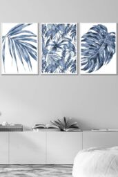 ARTZE Set of 3 White Framed Tropical Plants & Pattern Navy Blue Abstract Wall Art - Size: W33 cm x H45 cm x D20mm - thumbnail 1