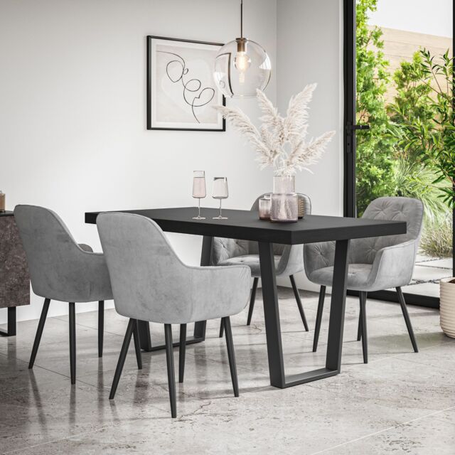 More4Homes Aria Dining Table & Chairs - Black Table Top w Black Legs + Anika Velvet Dining Chair Set Of 4 in Grey - image 1