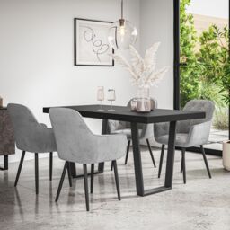 More4Homes Aria Dining Table & Chairs - Black Table Top w Black Legs + Anika Velvet Dining Chair Set Of 4 in Grey