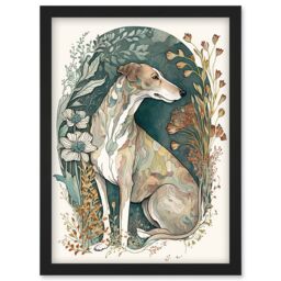 Artery8 Greyhound Dog in Flower Field Modern Pastel Boho Watercolour Illustration Artwork Framed Wall Art Print A4 in Black - thumbnail 1