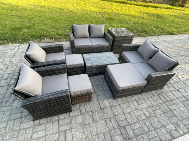 Fimous Garden Furniture Sets 9 Pieces Outdoor Rattan Furniture Manual Wicker Patio Sofa Chair Set with Coffee Table in Dark Grey