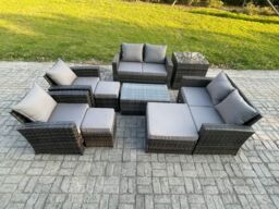 Fimous Garden Furniture Sets 9 Pieces Outdoor Rattan Furniture Manual Wicker Patio Sofa Chair Set with Coffee Table in Dark Grey - thumbnail 2