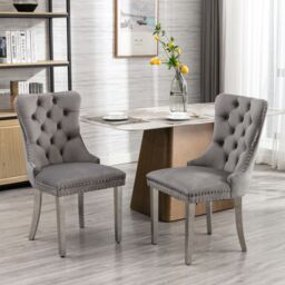 HomeTouch Set of 2 Luxe Velvet Dining Chairs with Steel Legs & Pull Knocker Ring Back in Grey - Size: 2 Pack