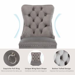 HomeTouch Set of 2 Luxe Velvet Dining Chairs with Steel Legs & Pull Knocker Ring Back in Grey - Size: 2 Pack - thumbnail 6