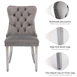 HomeTouch Set of 2 Luxe Velvet Dining Chairs with Steel Legs & Pull Knocker Ring Back in Grey - Size: 2 Pack - thumbnail 7