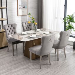 HomeTouch Set of 2 Luxe Velvet Dining Chairs with Steel Legs & Pull Knocker Ring Back in Grey - Size: 2 Pack - thumbnail 3