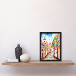 Artery8 Cobblestone Street In Spring Folk Art Artwork Framed Wall Art Print A4 in Black - thumbnail 2