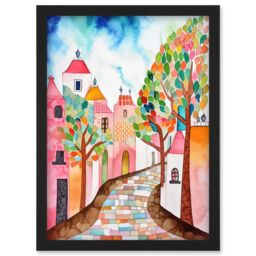 Artery8 Cobblestone Street In Spring Folk Art Artwork Framed Wall Art Print A4 in Black - thumbnail 1