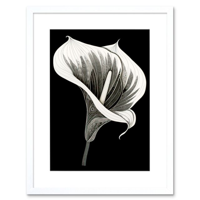 "Artery8 Wall Art Print Batik Style Black & White Calla Lily Flower Artwork Framed 9X7 Inch - Size: W7"" x H9""" - image 1