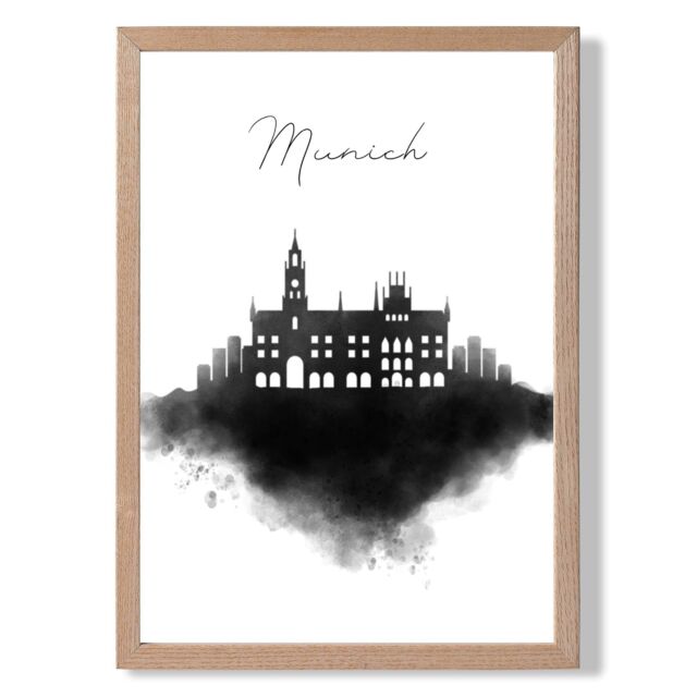 ARTZE Munich Watercolour Skyline City Framed Print SIZE: A3 with Oak Frame in Black - Size: A4 - image 1
