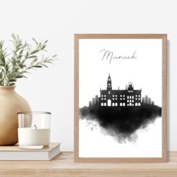 ARTZE Munich Watercolour Skyline City Framed Print SIZE: A3 with Oak Frame in Black - Size: A4 - thumbnail 2
