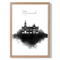 ARTZE Munich Watercolour Skyline City Framed Print SIZE: A3 with Oak Frame in Black - Size: A4 - thumbnail 1