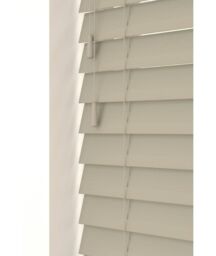 New Edge Blinds 50mm Fine Grain Slatted Faux Wood Venetian Blinds with Strings 120cm Drop in Taupe - Size: 110 cm width x 130 cm drop