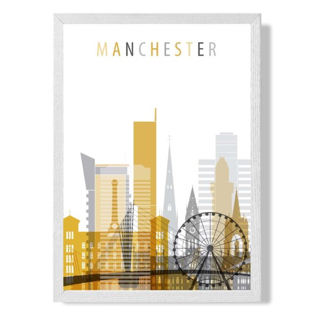 ARTZE Manchester Yellow & Grey City Skyline Framed Print SIZE: A2 with White Frame - Size: A4 - image 1