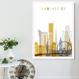 ARTZE Manchester Yellow & Grey City Skyline Framed Print SIZE: A2 with White Frame - Size: A4 - thumbnail 2