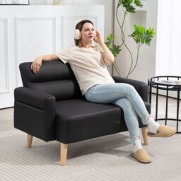 HOMCOM 2 Seater Sofa Settee, Modern Faux Leather Couch with Wood Legs in Black - thumbnail 1